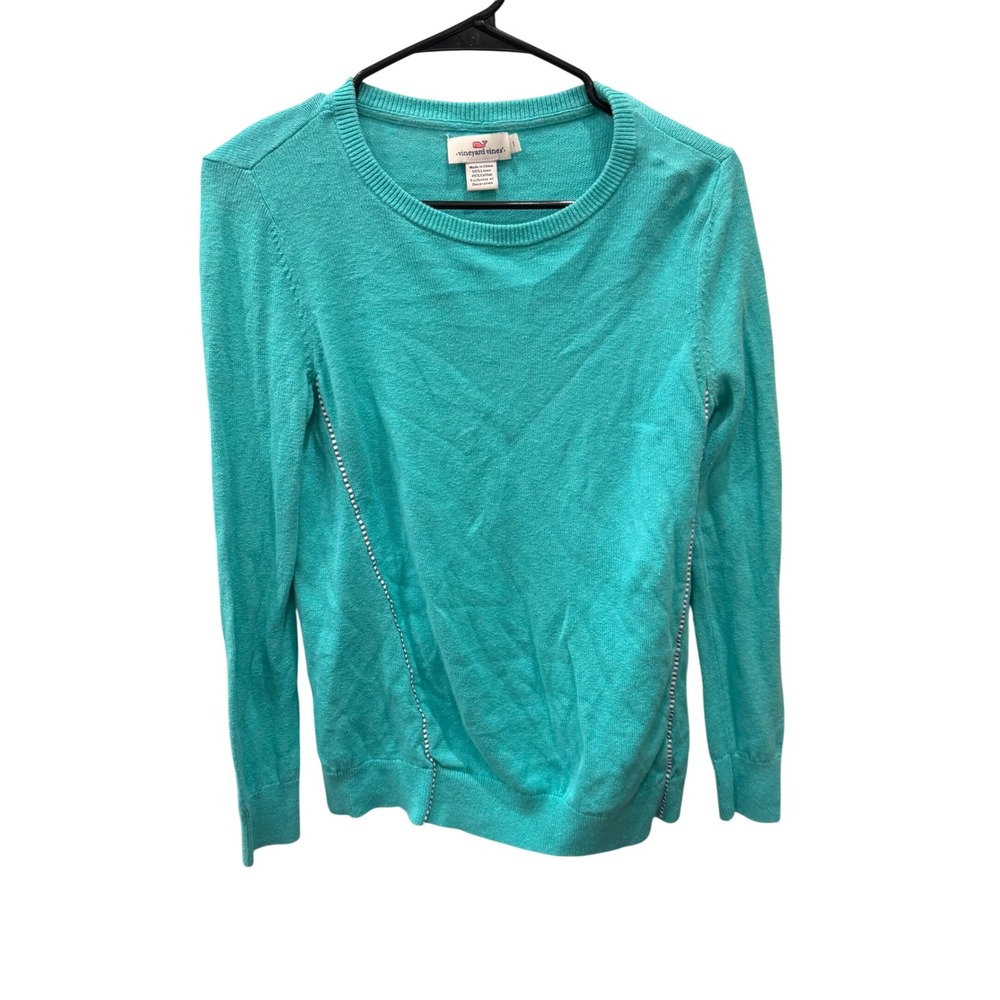 Vineyard Vines Teal Blue Linen Cotton Blend Crewneck Sweater Contrast Stitch S